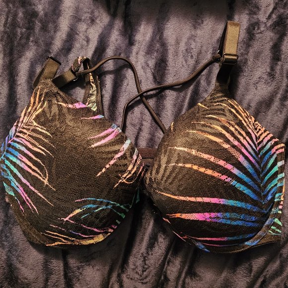 Victoria's Secret Pink front close push up strappy bra 34DD rainbow palm - Picture 1 of 3